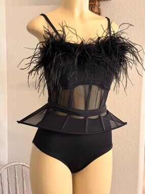 !0th House Spandex&Sheer Mesh Leotard w/boned bodice&Sheer Mesh Peplum